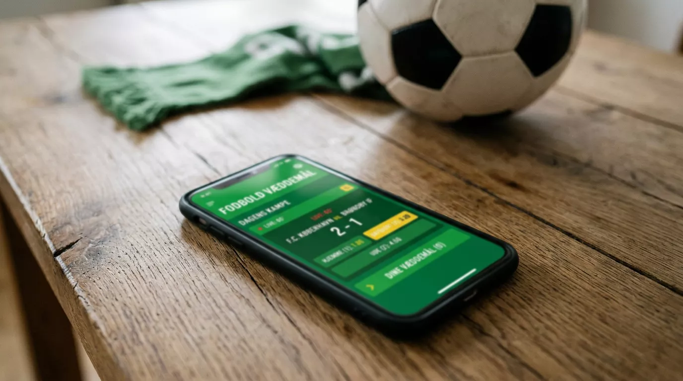 Smartphone der viser en sportsapp på et bord ved siden af en fodbold