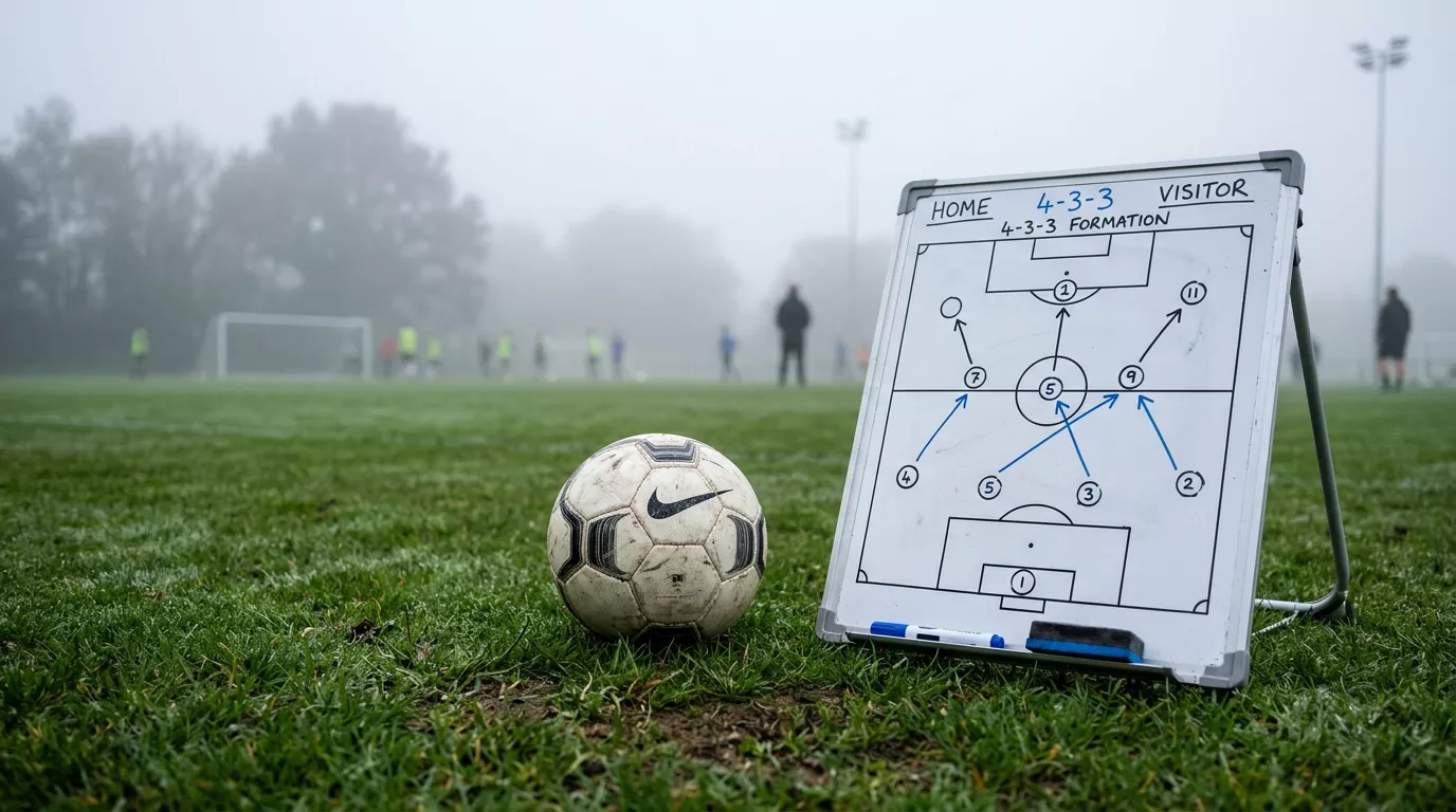 Fodbold og taktiktavle pa groent graes med bookmaker-margin-tema