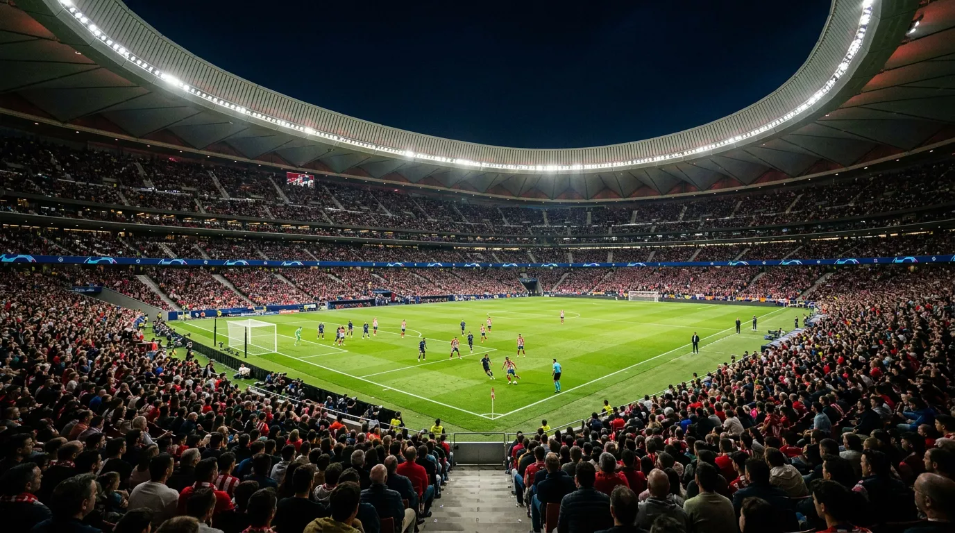 Fodboldstadion under en europæisk aftenkamp med flombelysning og grønt græs