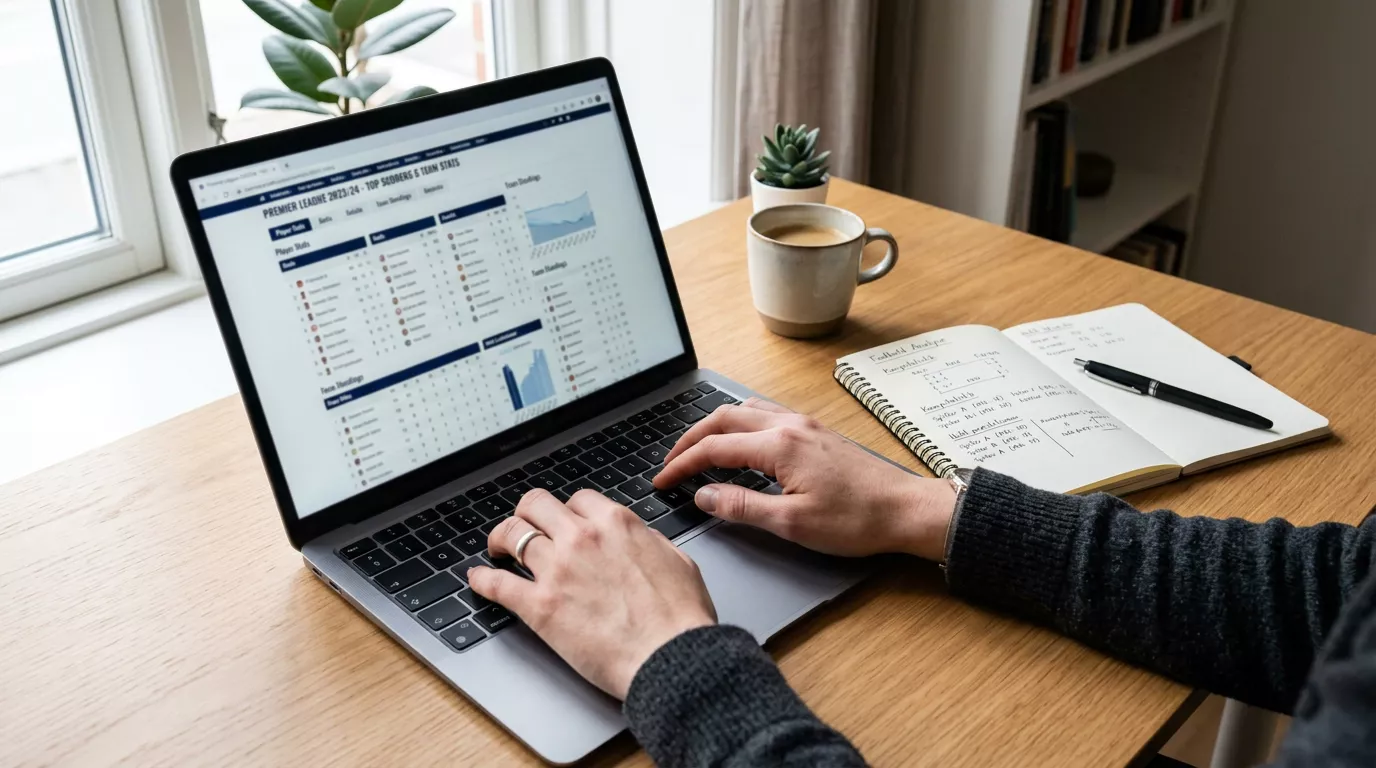 Person der studerer fodboldstatistik på en bærbar computer ved et skrivebord