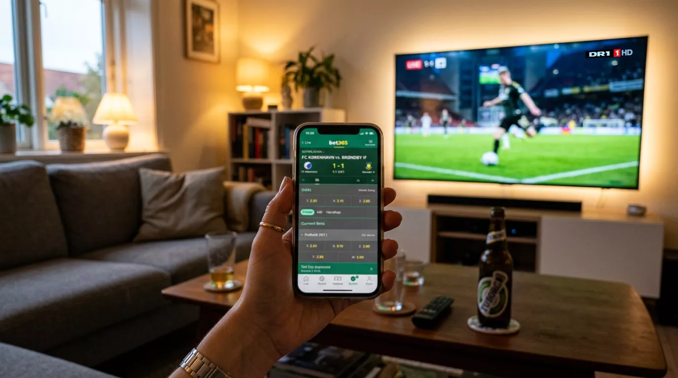 Hånd der holder en smartphone med en fodboldkamp i baggrunden på en skærm