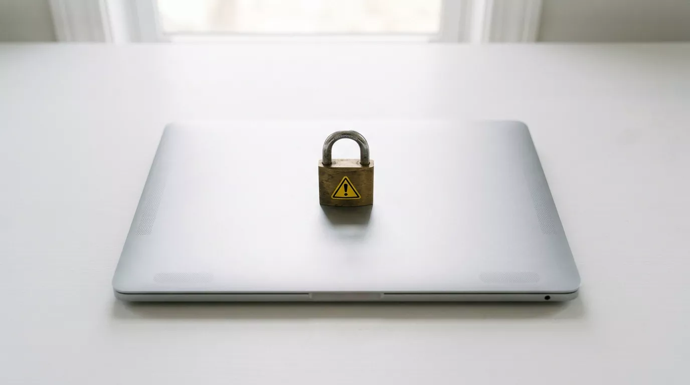 Lås på en bærbar computer med en advarselstrekant på skærmen