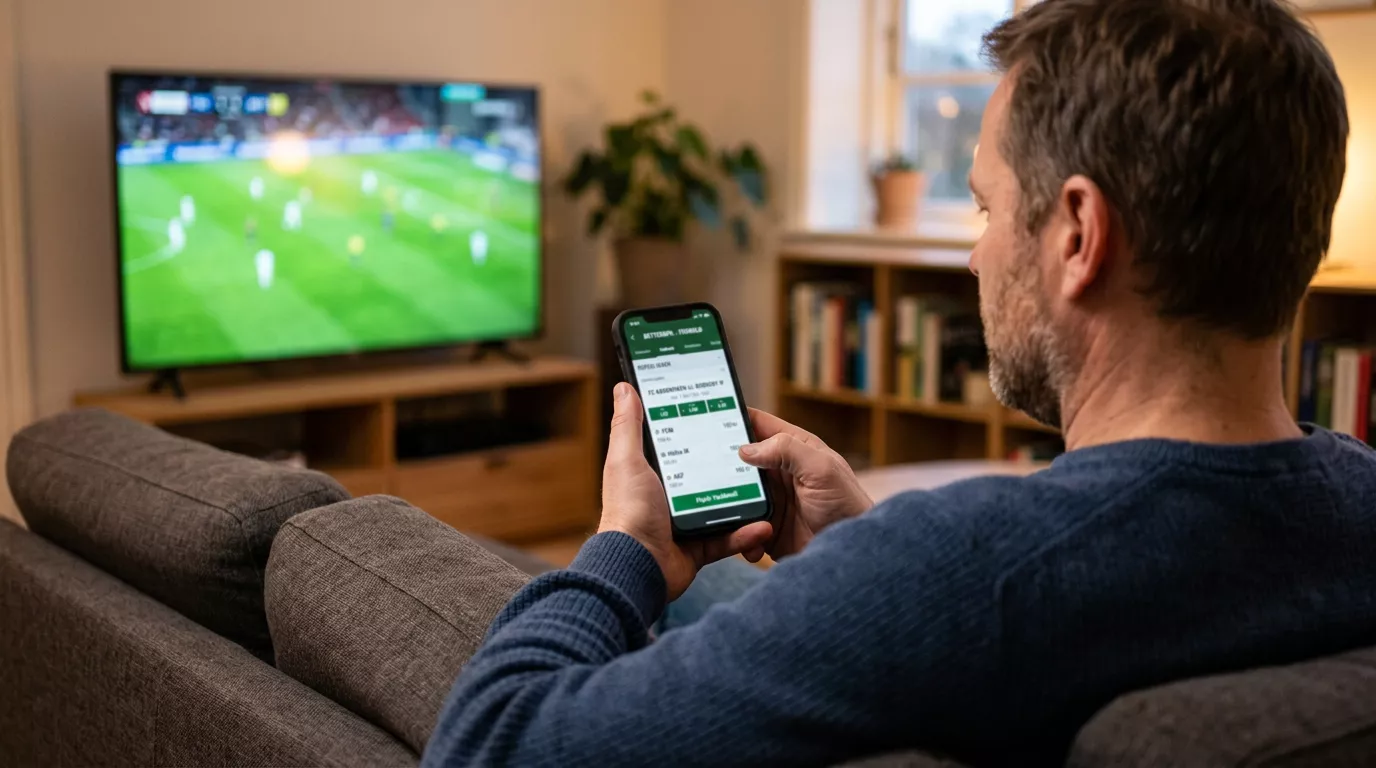 Person der bruger en smartphone mens en fodboldkamp vises på et tv i baggrunden