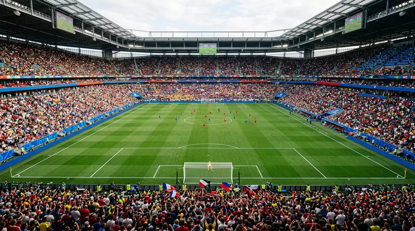 Tæt fodboldstadion med grønt græs og hvide striber set fra tribunen