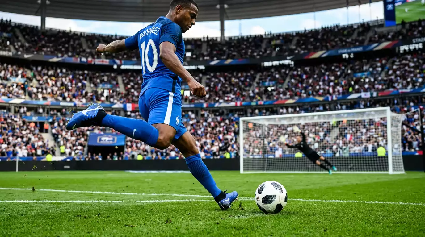 Fodboldspiller skyder mod maal pa groent graes med xG expected goals-tema